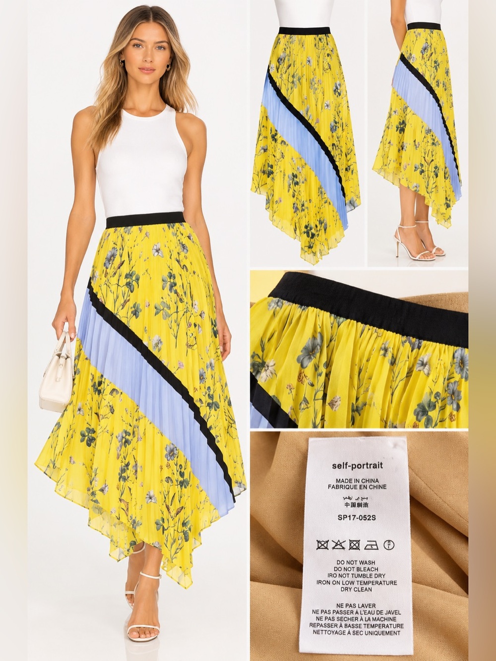 Self-Portrait Yellow Floral Pleated Asymmetrical Midi Maxi Skirt Blue Black - Picture 2 of 8